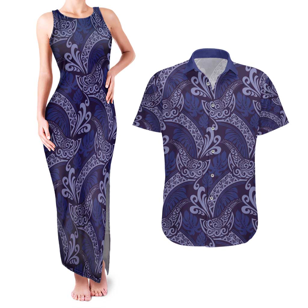 Deep Blue Monstera Couples Matching Tank Maxi Dress and Hawaiian Shirt Polynesian Tribal Pattern LT01 Blue - Polynesian Pride
