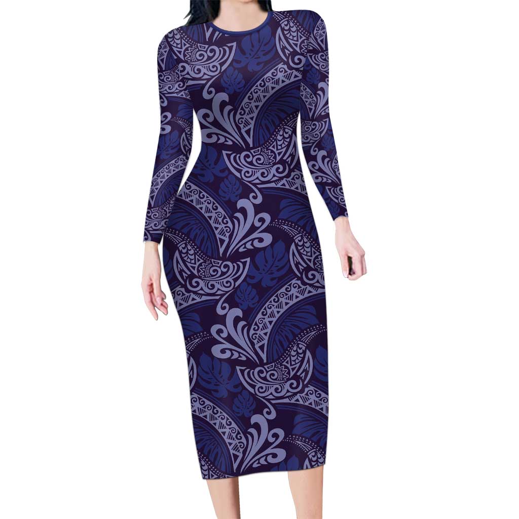 Deep Blue Monstera Family Matching Long Sleeve Bodycon Dress and Hawaiian Shirt Polynesian Tribal Pattern - Polynesian Pride