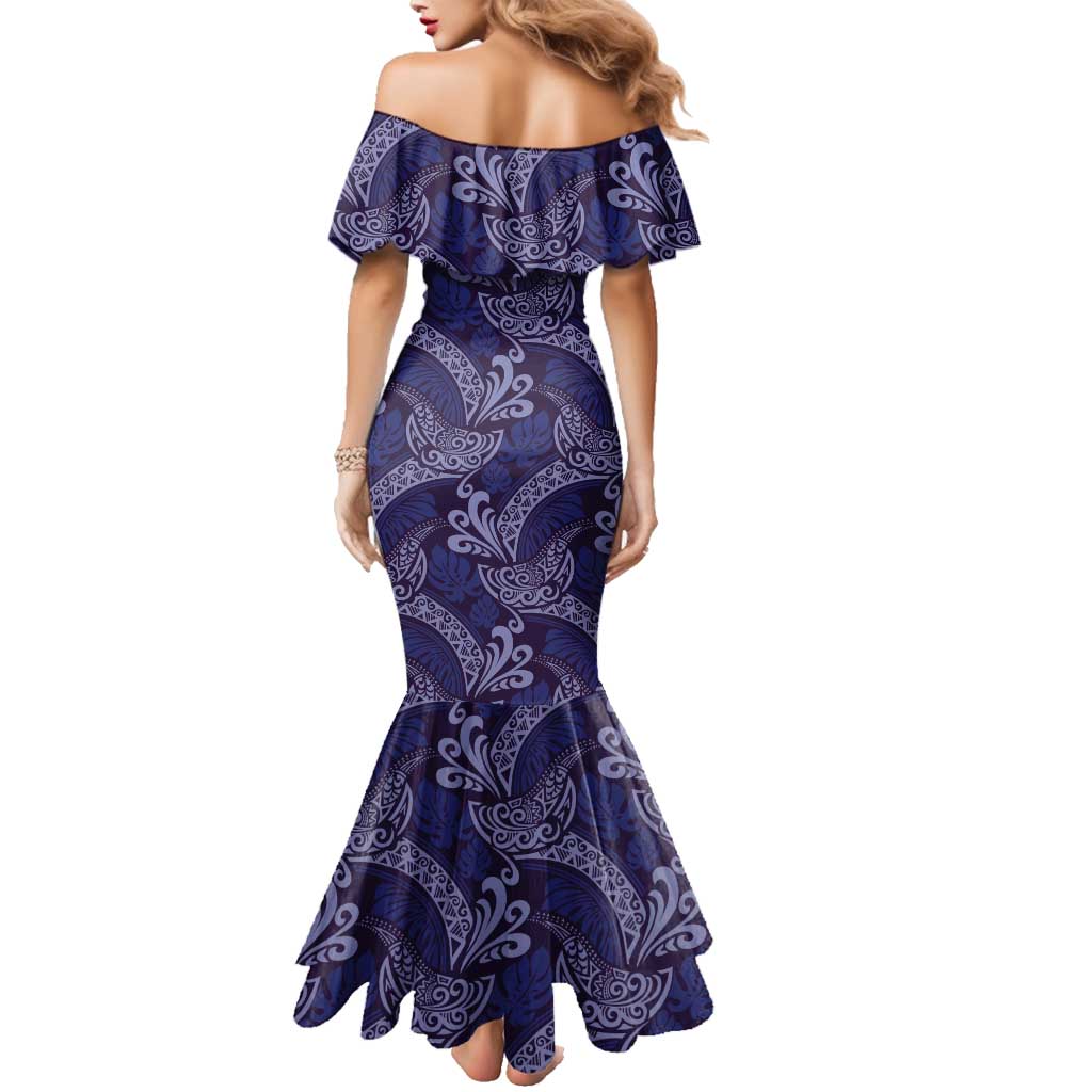 Deep Blue Monstera Family Matching Mermaid Dress and Hawaiian Shirt Polynesian Tribal Pattern - Polynesian Pride