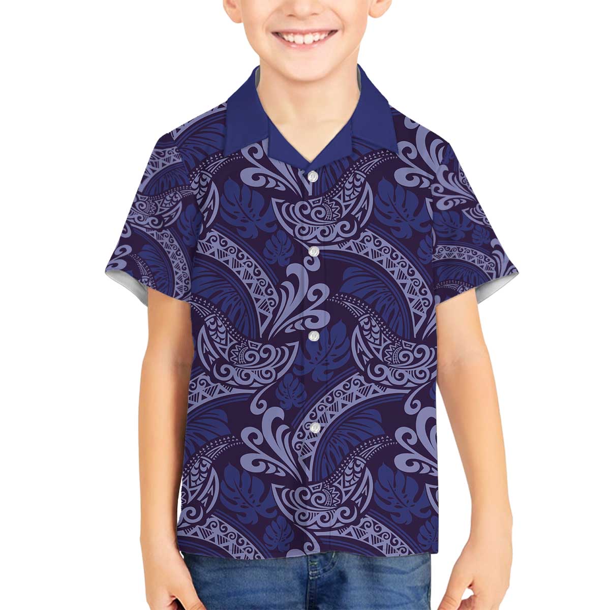 Deep Blue Monstera Family Matching Off The Shoulder Long Sleeve Dress and Hawaiian Shirt Polynesian Tribal Pattern - Polynesian Pride