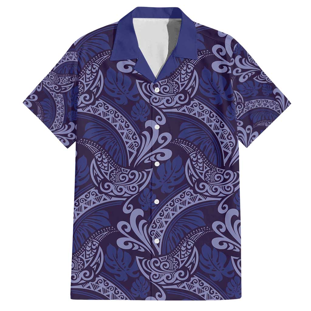 Deep Blue Monstera Family Matching Off Shoulder Maxi Dress and Hawaiian Shirt Polynesian Tribal Pattern - Polynesian Pride