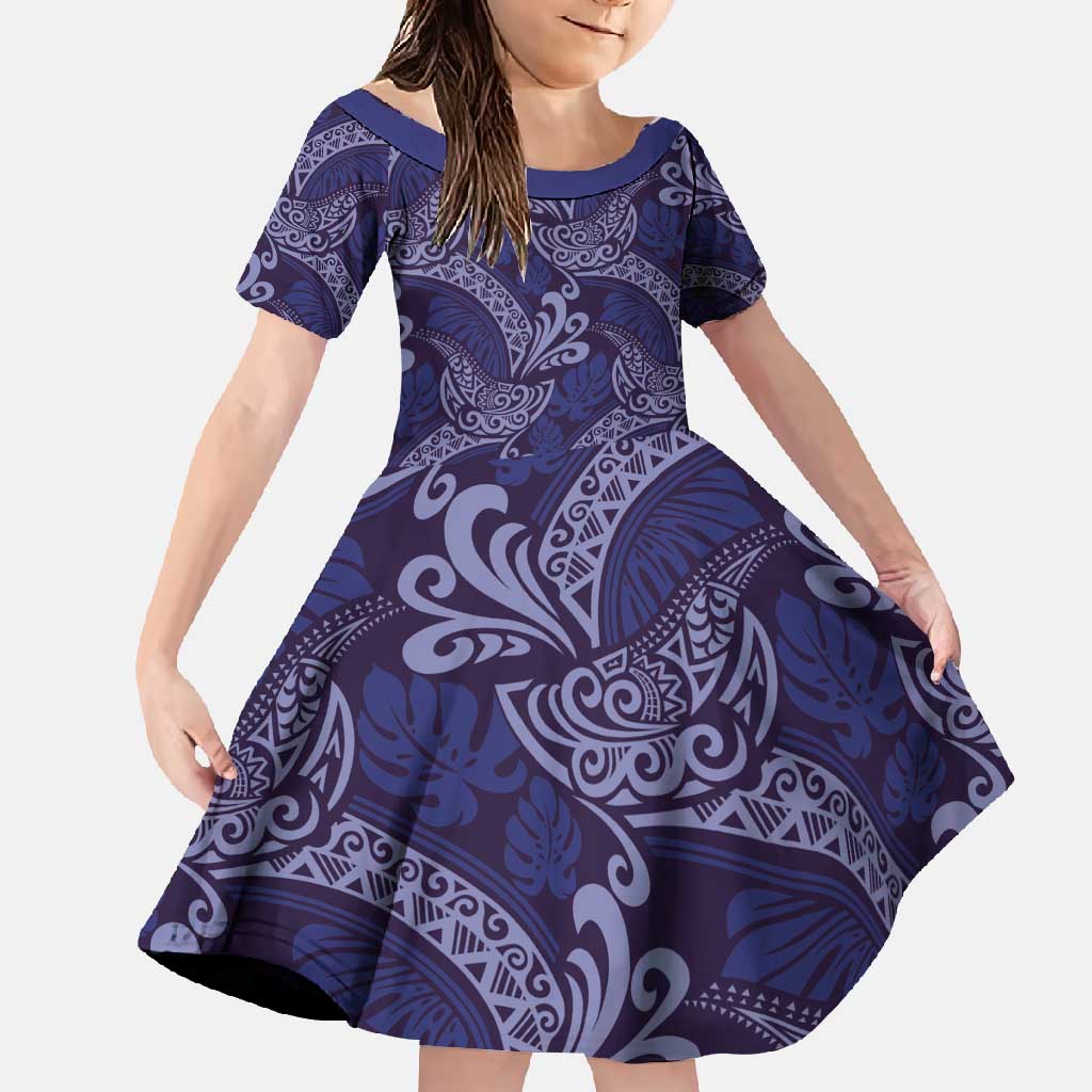 Deep Blue Monstera Family Matching Short Sleeve Bodycon Dress and Hawaiian Shirt Polynesian Tribal Pattern LT01 Daughter's Dress Blue - Polynesian Pride