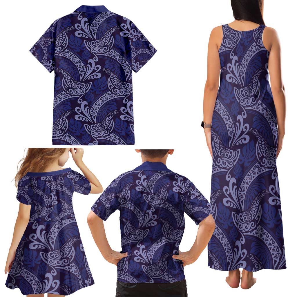 Deep Blue Monstera Family Matching Tank Maxi Dress and Hawaiian Shirt Polynesian Tribal Pattern LT01 - Polynesian Pride