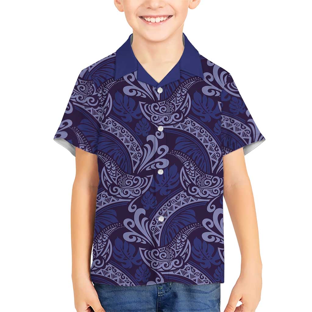 Deep Blue Monstera Hawaiian Shirt Polynesian Tribal Pattern - Polynesian Pride