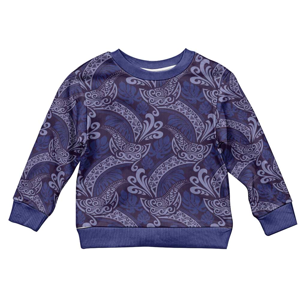 Deep Blue Monstera Kid Ugly Christmas Sweater Polynesian Tribal Pattern - Polynesian Pride