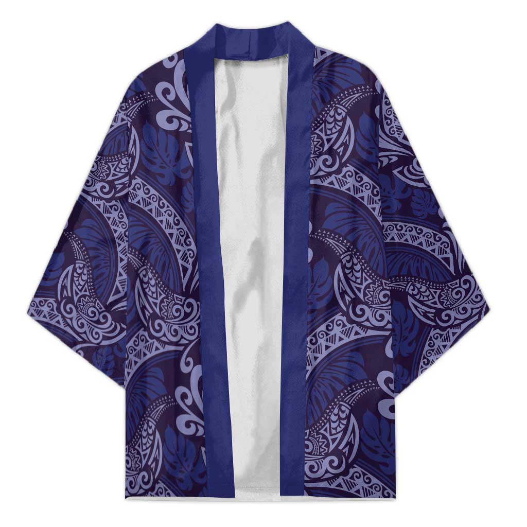 Deep Blue Monstera Kimono Polynesian Tribal Pattern - Polynesian Pride