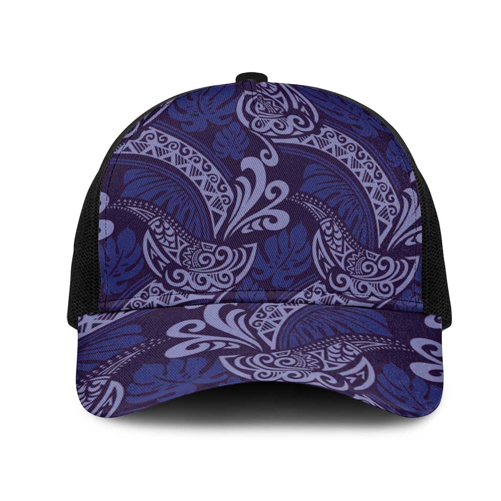 Deep Blue Monstera Mesh Trucker Cap Polynesian Tribal Pattern - Polynesian Pride