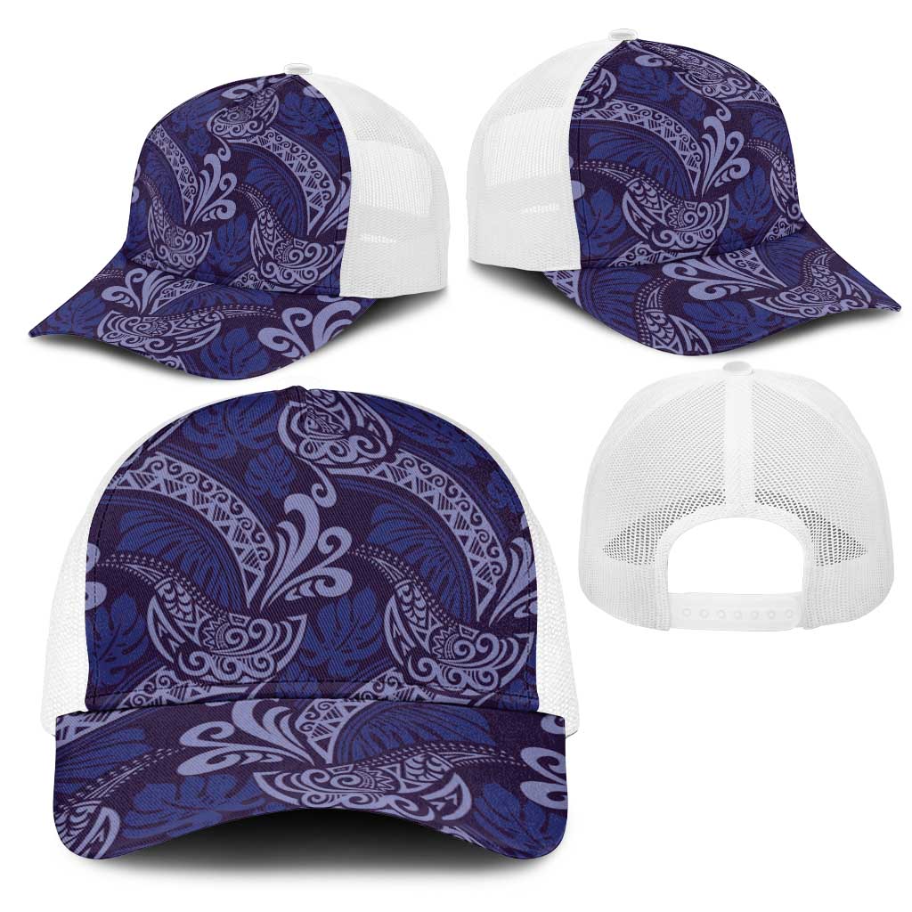 Deep Blue Monstera Mesh Trucker Cap Polynesian Tribal Pattern - Polynesian Pride