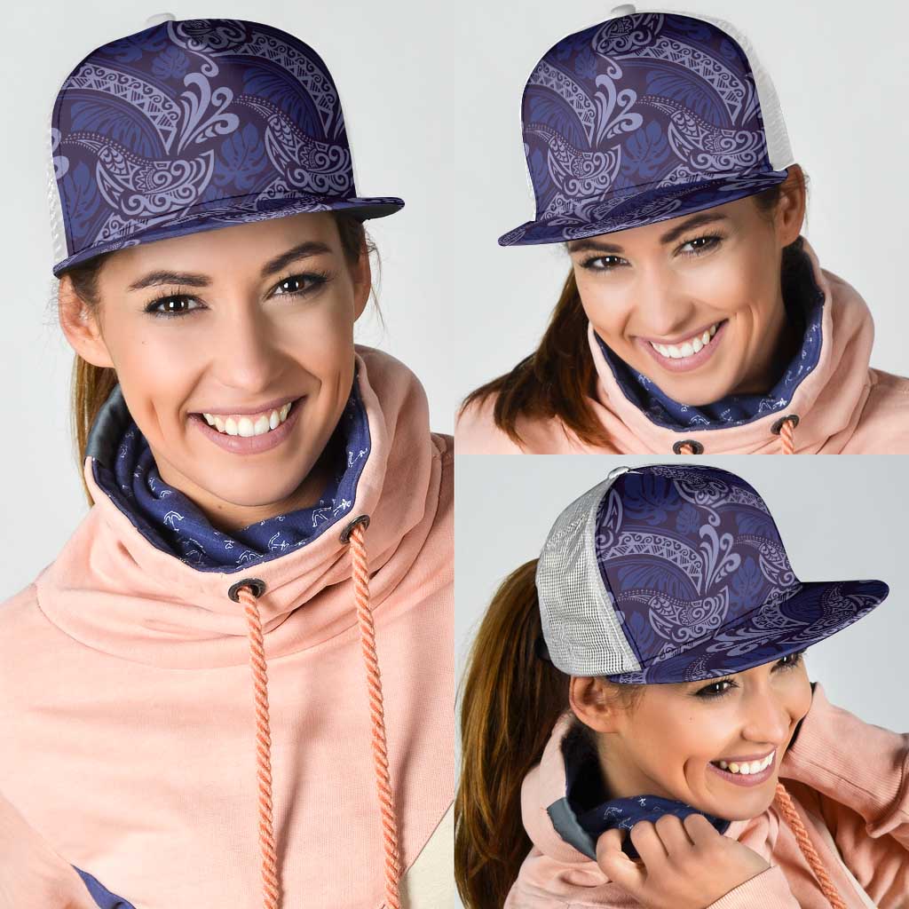 Deep Blue Monstera Mesh Trucker Cap Polynesian Tribal Pattern - Polynesian Pride