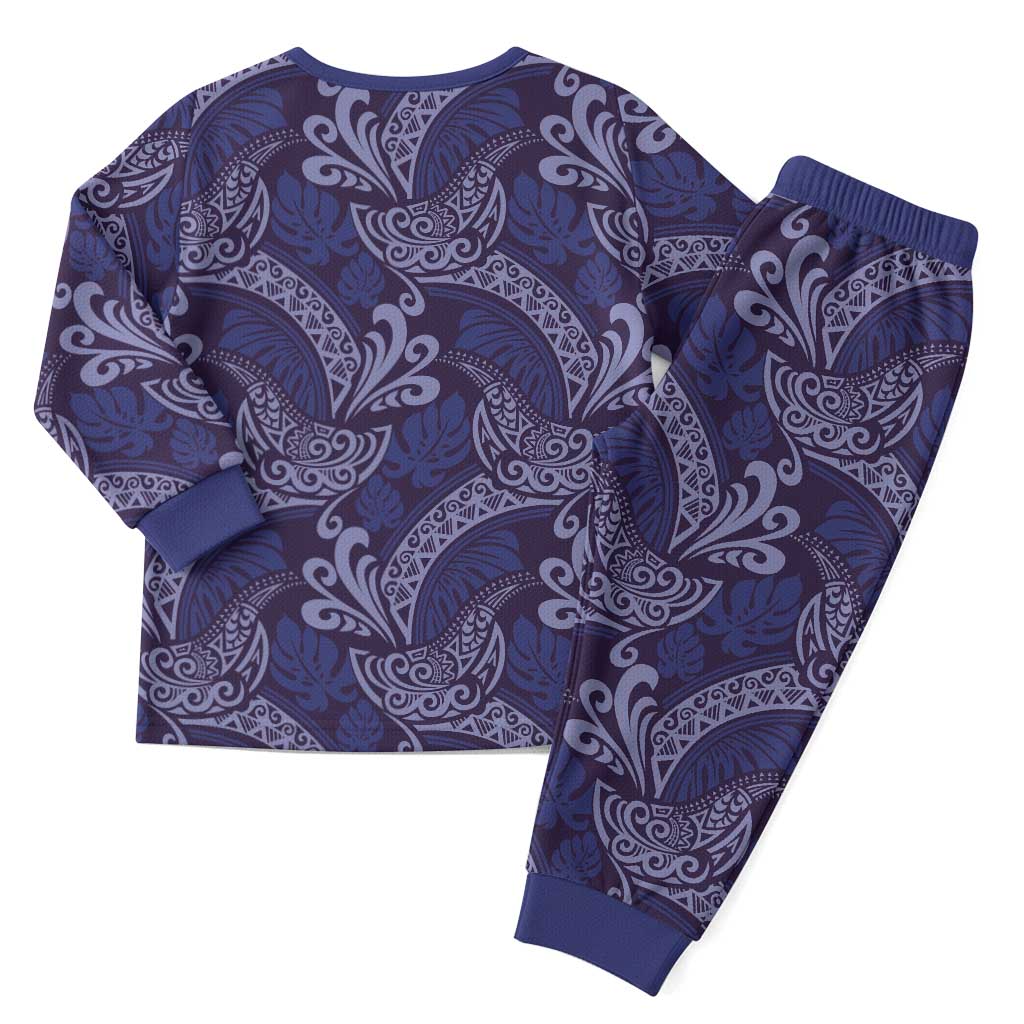 Deep Blue Monstera Christmas Pajama Set Polynesian Tribal Pattern - Polynesian Pride