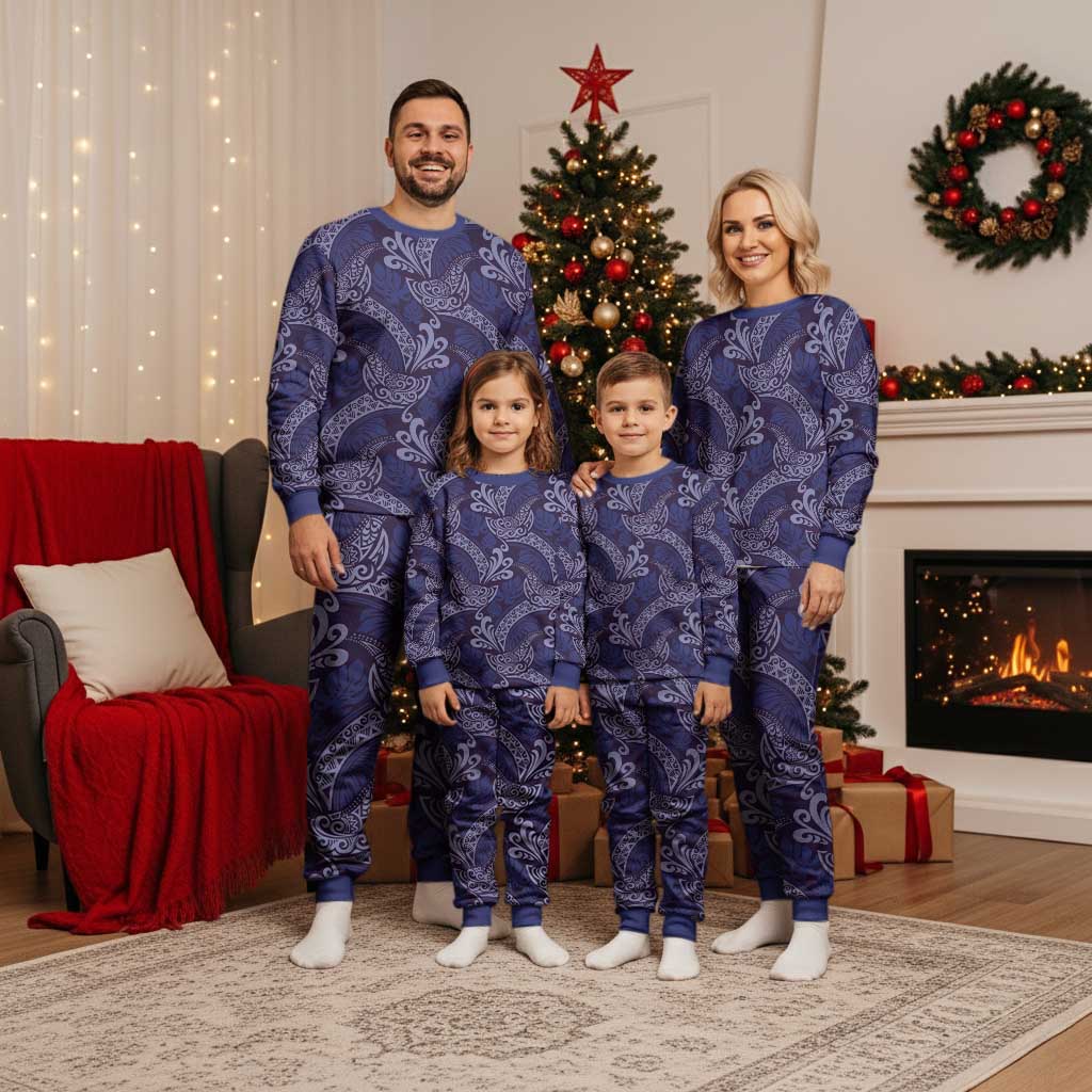Deep Blue Monstera Christmas Pajama Set Polynesian Tribal Pattern - Polynesian Pride