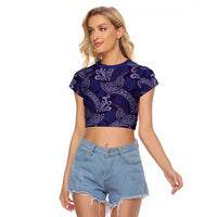 Deep Blue Monstera Raglan Cropped T Shirt Polynesian Tribal Pattern - Polynesian Pride