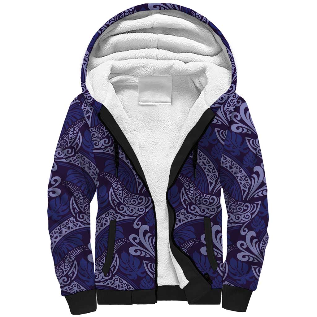 Deep Blue Monstera Sherpa Hoodie Polynesian Tribal Pattern LT01 Unisex Blue - Polynesian Pride