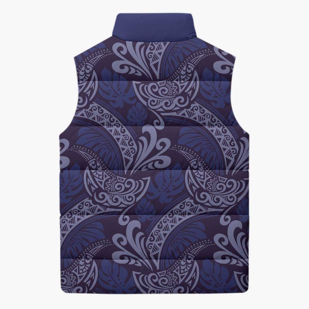 Deep Blue Monstera Sleeveless Puffer Jacket Polynesian Tribal Pattern - Polynesian Pride