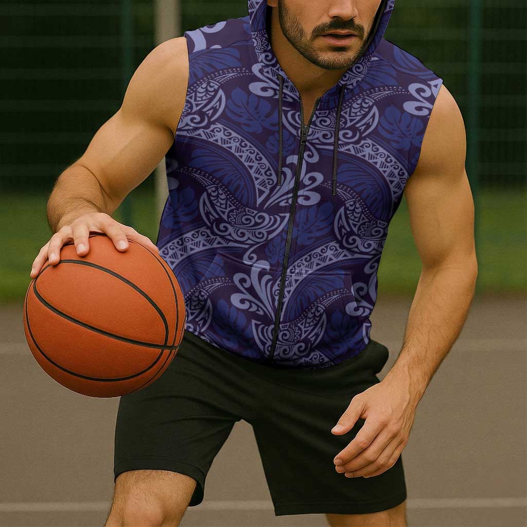Deep Blue Monstera Sleeveless Zip Hoodie Polynesian Tribal Pattern - Polynesian Pride