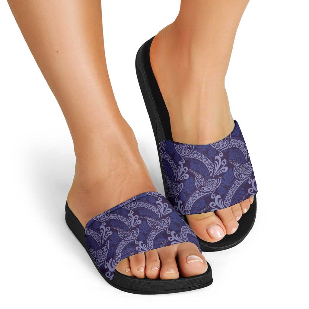 Deep Blue Monstera Slide Sandals Polynesian Tribal Pattern - Polynesian Pride