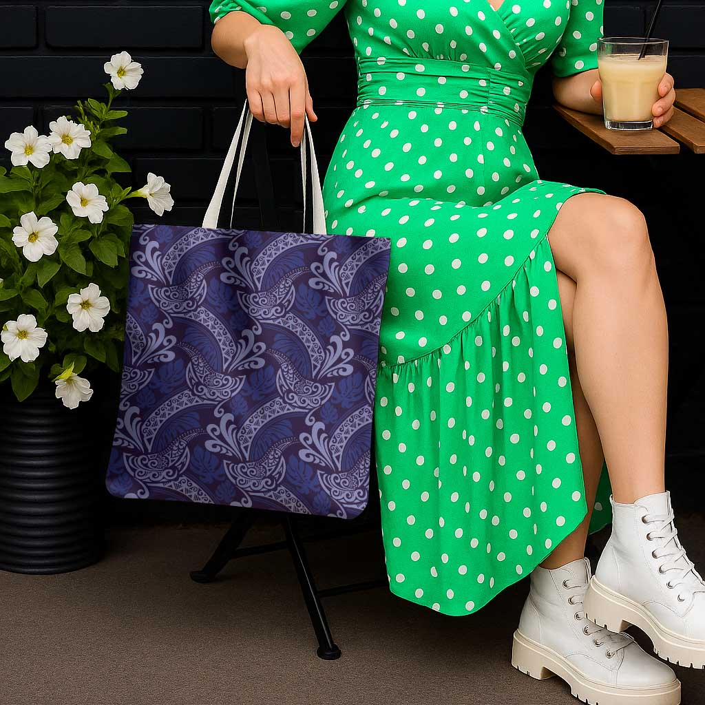 Deep Blue Monstera Tote Bag Polynesian Tribal Pattern - Polynesian Pride