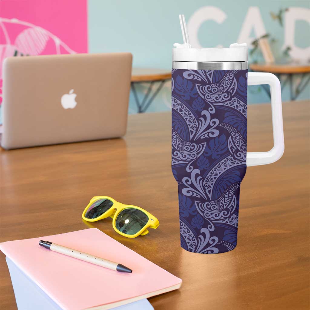 Deep Blue Monstera Tumbler With Handle Polynesian Tribal Pattern - Polynesian Pride