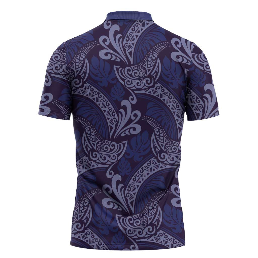 Deep Blue Monstera Zipper Polo Shirt Polynesian Tribal Pattern - Polynesian Pride