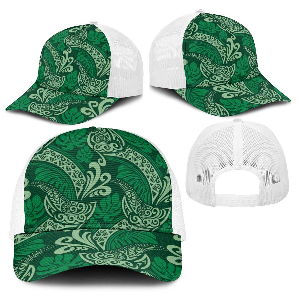 Forest Green Monstera Baseball Net Cap Polynesian Tribal Pattern - Polynesian Pride
