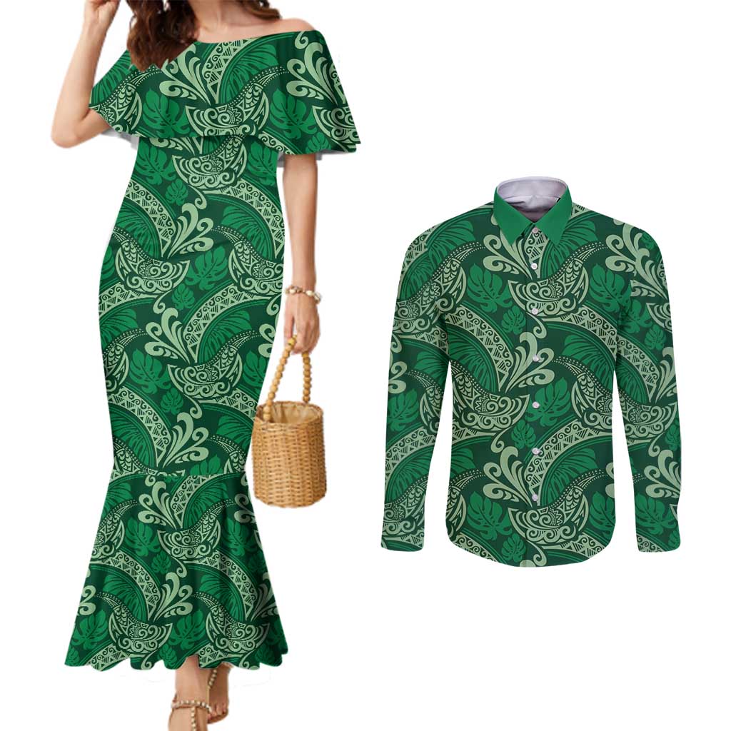 Forest Green Monstera Couples Matching Mermaid Dress and Long Sleeve Button Shirt Polynesian Tribal Pattern LT01 Green - Polynesian Pride