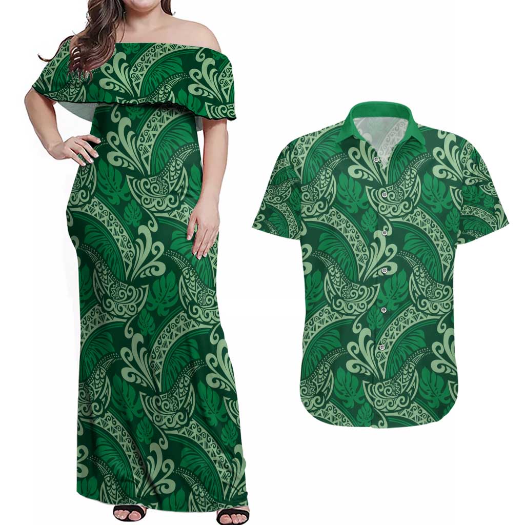 Forest Green Monstera Couples Matching Off Shoulder Maxi Dress and Hawaiian Shirt Polynesian Tribal Pattern LT01 Green - Polynesian Pride