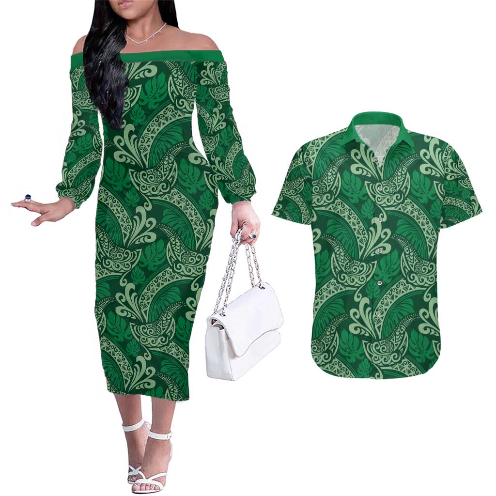 Forest Green Monstera Couples Matching Off The Shoulder Long Sleeve Dress and Hawaiian Shirt Polynesian Tribal Pattern LT01 Green - Polynesian Pride
