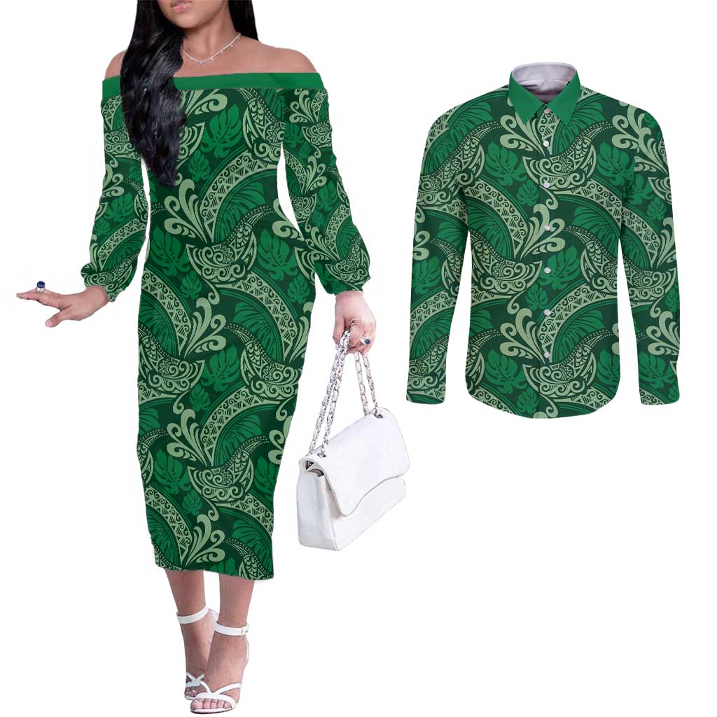 Forest Green Monstera Couples Matching Off The Shoulder Long Sleeve Dress and Long Sleeve Button Shirt Polynesian Tribal Pattern LT01 Green - Polynesian Pride