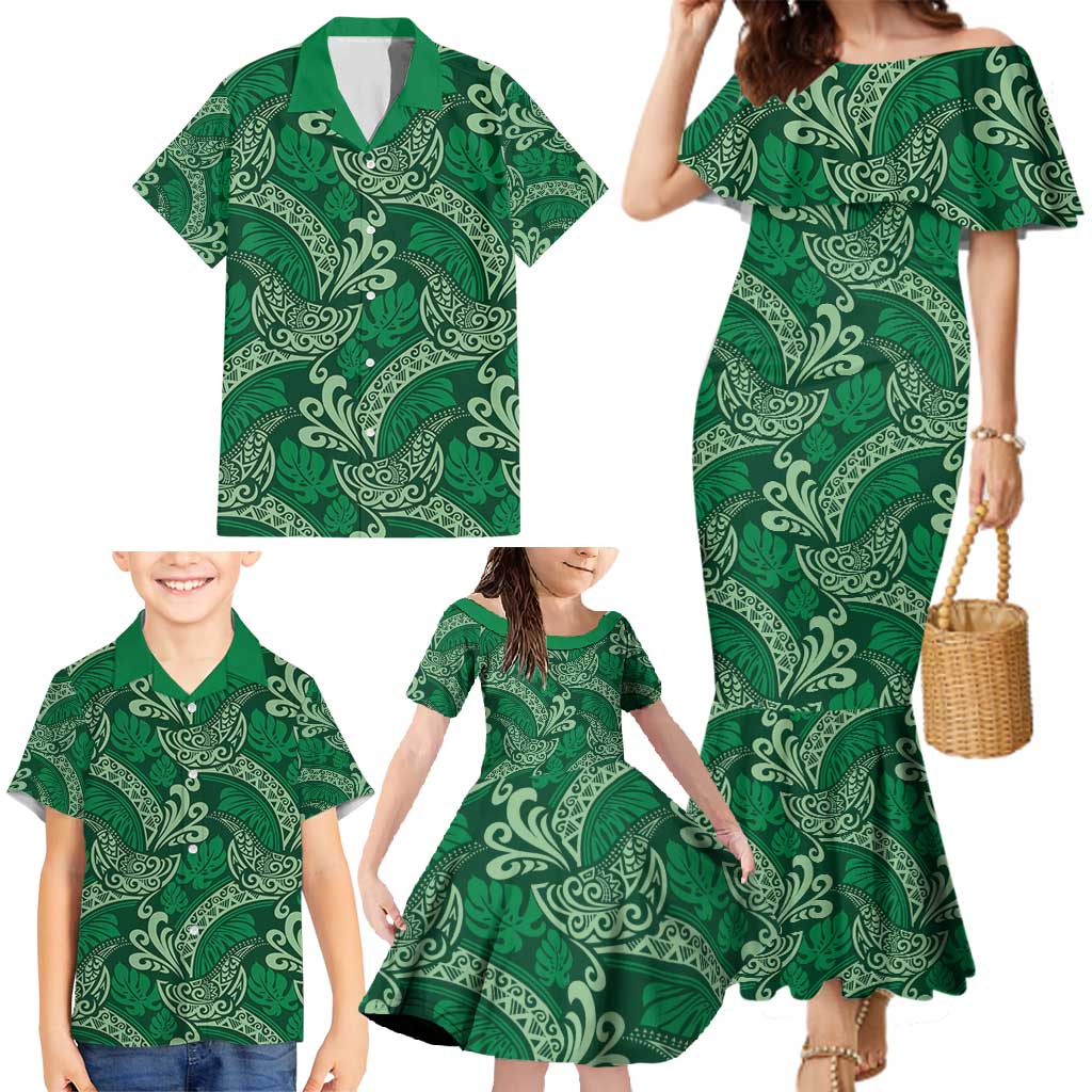 Forest Green Monstera Family Matching Mermaid Dress and Hawaiian Shirt Polynesian Tribal Pattern LT01 - Polynesian Pride