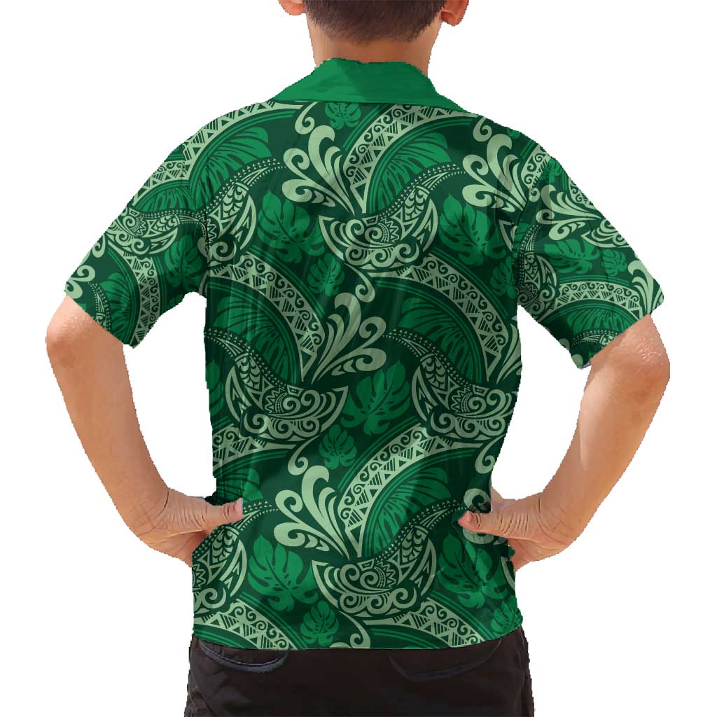 Forest Green Monstera Family Matching Off Shoulder Maxi Dress and Hawaiian Shirt Polynesian Tribal Pattern LT01 - Polynesian Pride