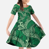Forest Green Monstera Family Matching Off Shoulder Maxi Dress and Hawaiian Shirt Polynesian Tribal Pattern LT01 Daughter's Dress Green - Polynesian Pride
