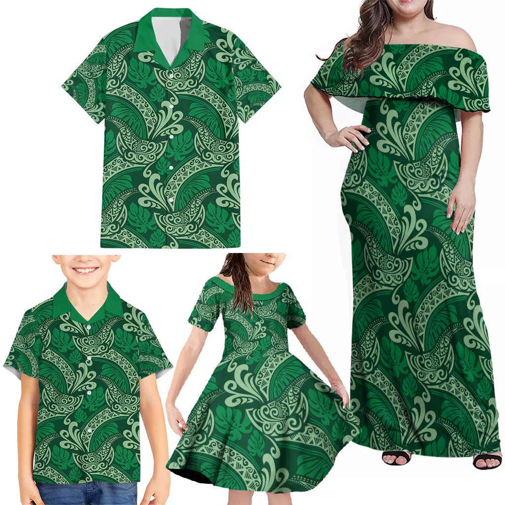 Forest Green Monstera Family Matching Off Shoulder Maxi Dress and Hawaiian Shirt Polynesian Tribal Pattern LT01 - Polynesian Pride