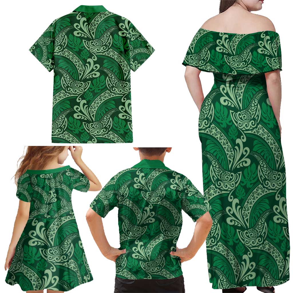Forest Green Monstera Family Matching Off Shoulder Maxi Dress and Hawaiian Shirt Polynesian Tribal Pattern LT01 - Polynesian Pride