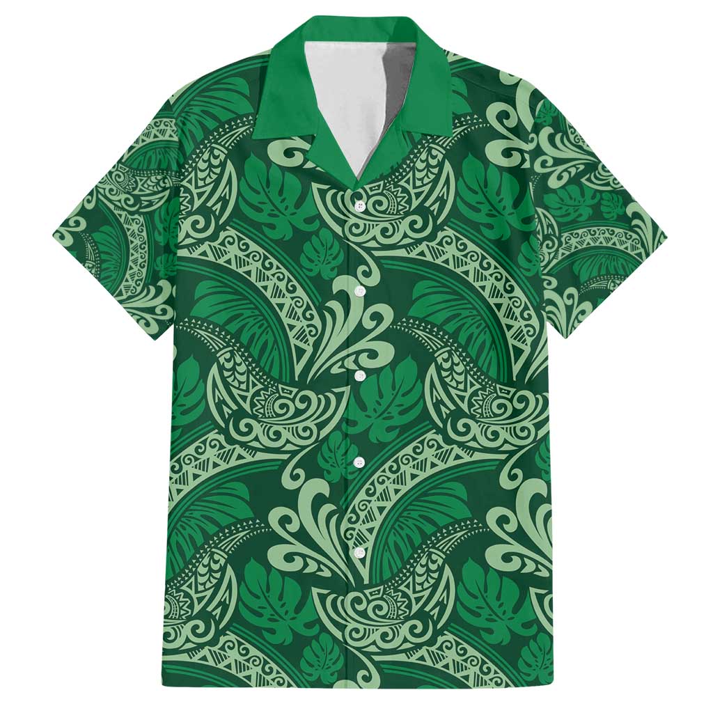 Forest Green Monstera Family Matching Off Shoulder Maxi Dress and Hawaiian Shirt Polynesian Tribal Pattern LT01 Dad's Shirt - Short Sleeve Green - Polynesian Pride