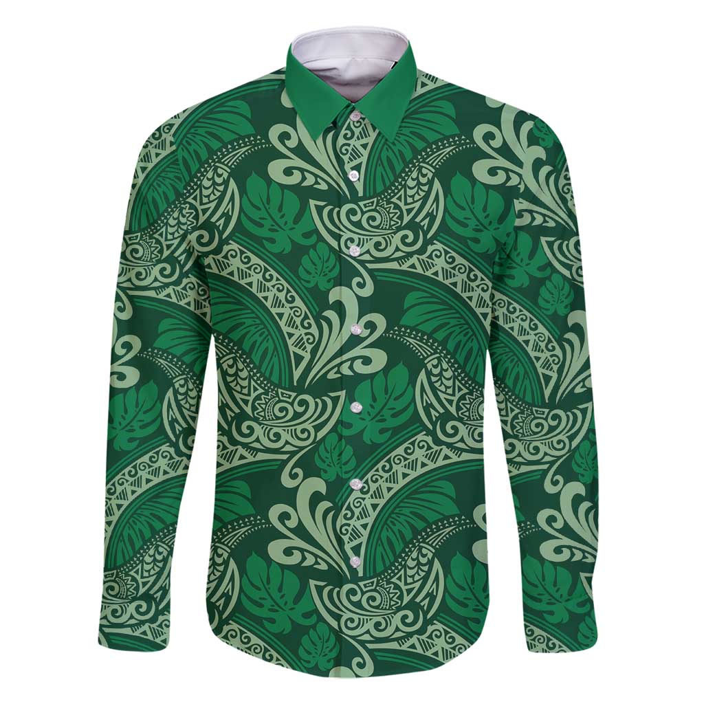 Forest Green Monstera Family Matching Off Shoulder Maxi Dress and Hawaiian Shirt Polynesian Tribal Pattern LT01 Dad's Shirt - Long Sleeve Green - Polynesian Pride