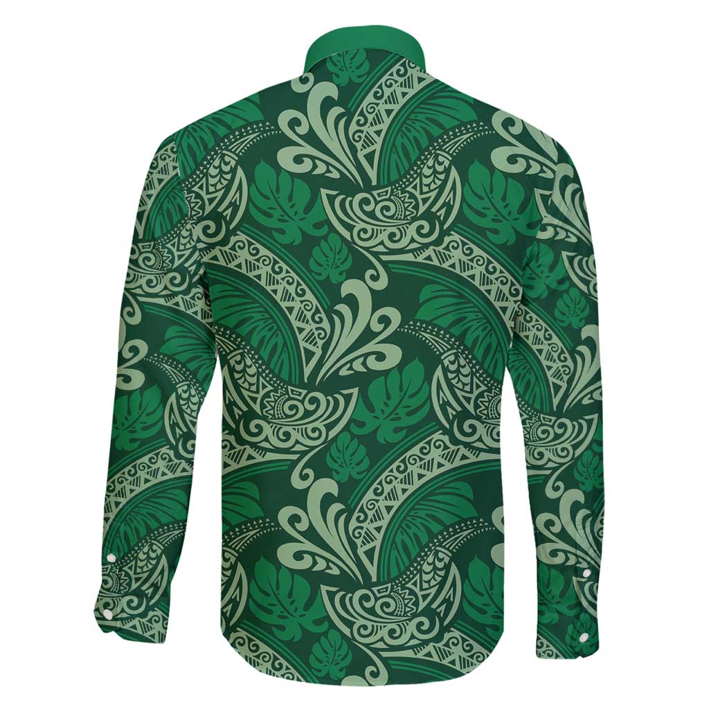 Forest Green Monstera Family Matching Off Shoulder Maxi Dress and Hawaiian Shirt Polynesian Tribal Pattern LT01 - Polynesian Pride