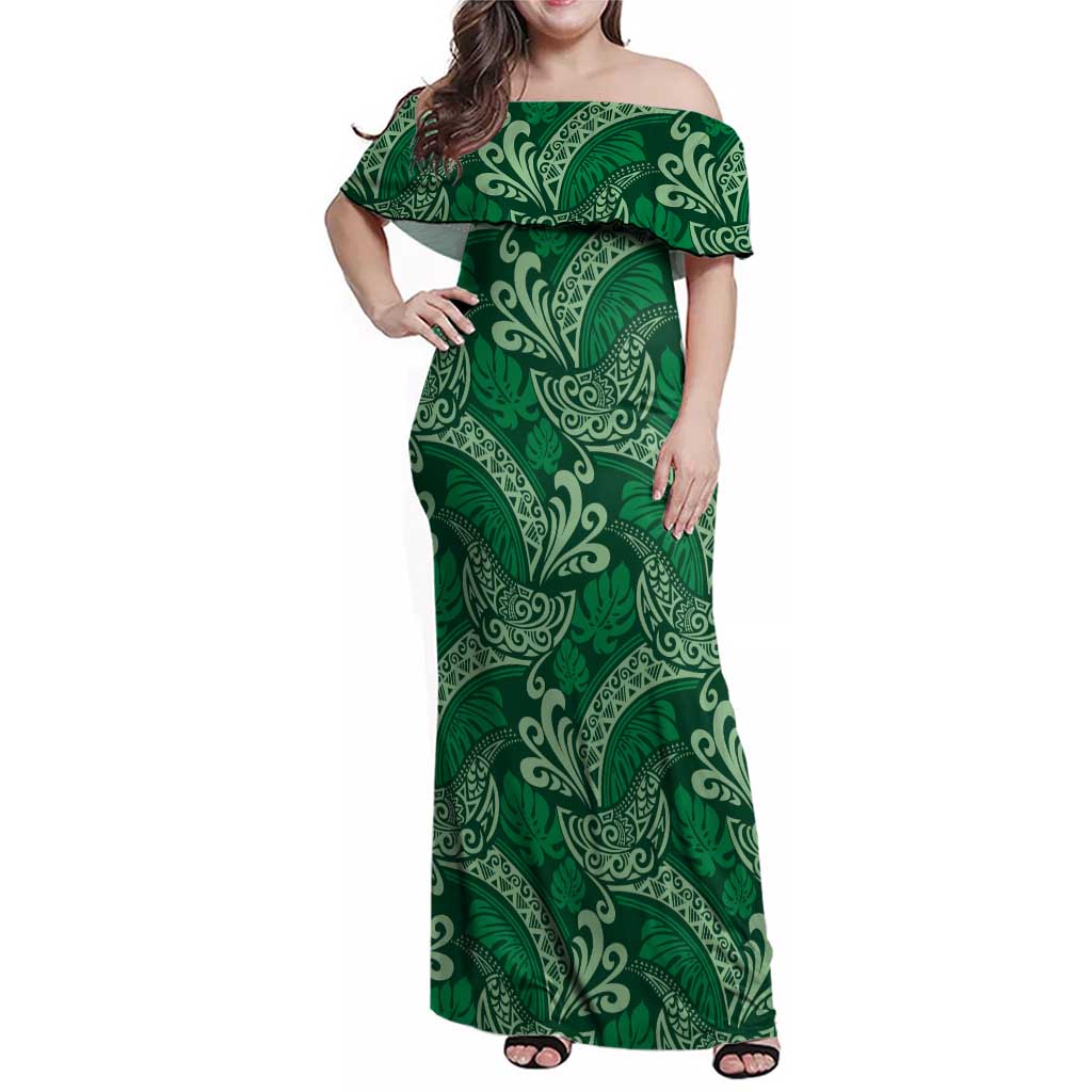 Forest Green Monstera Family Matching Off Shoulder Maxi Dress and Hawaiian Shirt Polynesian Tribal Pattern LT01 Mom's Dress Green - Polynesian Pride
