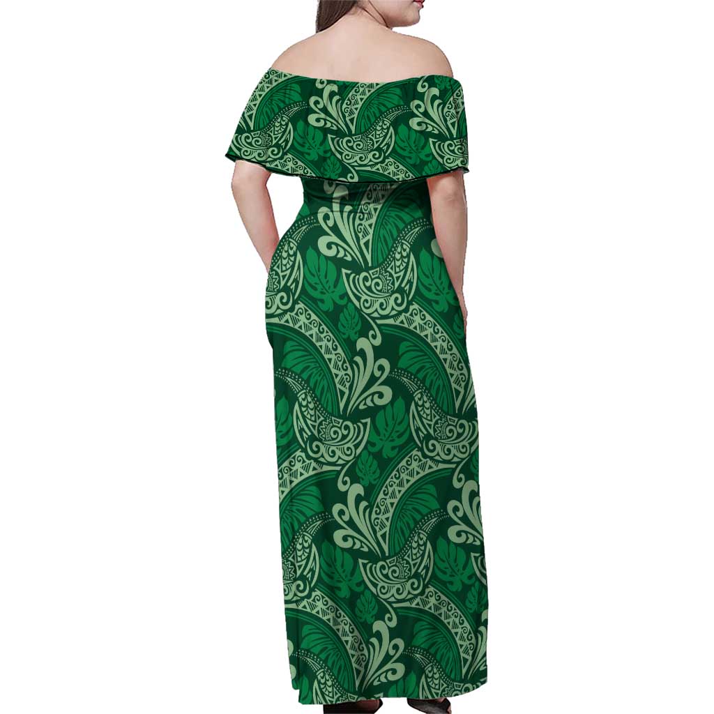 Forest Green Monstera Family Matching Off Shoulder Maxi Dress and Hawaiian Shirt Polynesian Tribal Pattern LT01 - Polynesian Pride
