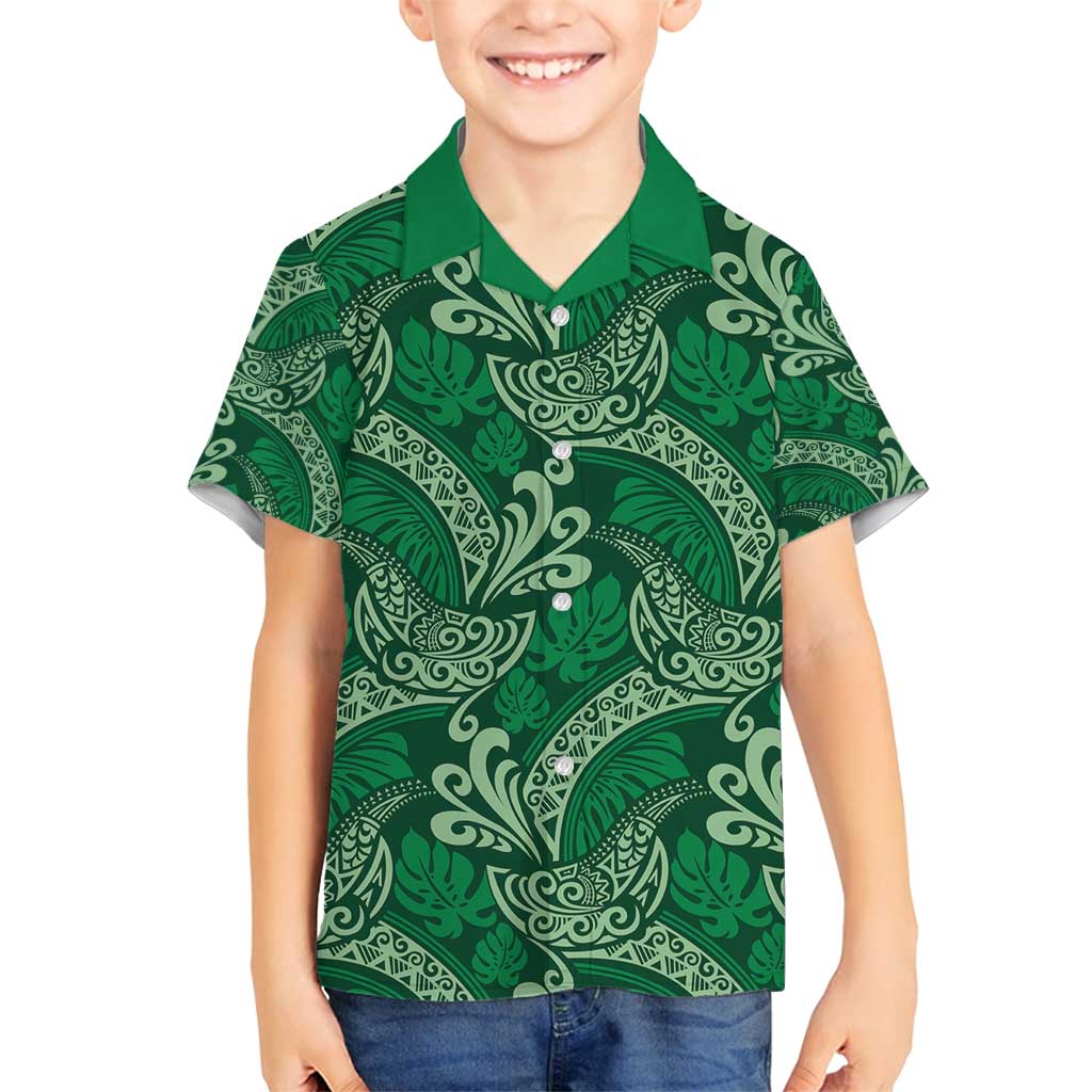 Forest Green Monstera Family Matching Off Shoulder Maxi Dress and Hawaiian Shirt Polynesian Tribal Pattern LT01 Son's Shirt Green - Polynesian Pride
