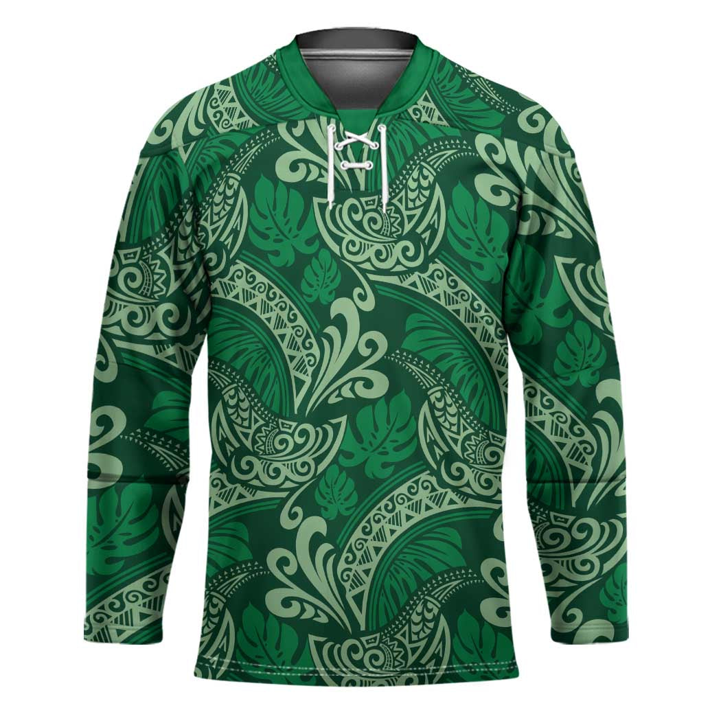 Forest Green Monstera Hockey Jersey Polynesian Tribal Pattern - Polynesian Pride