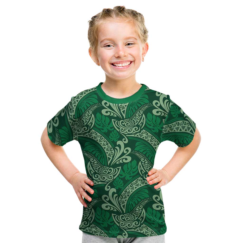 Forest Green Monstera Kid T Shirt Polynesian Tribal Pattern - Polynesian Pride