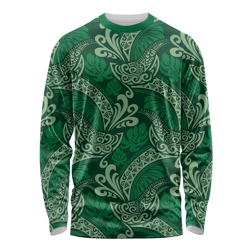 Forest Green Monstera Long Sleeve Shirt Polynesian Tribal Pattern LT01 Unisex Green - Polynesian Pride