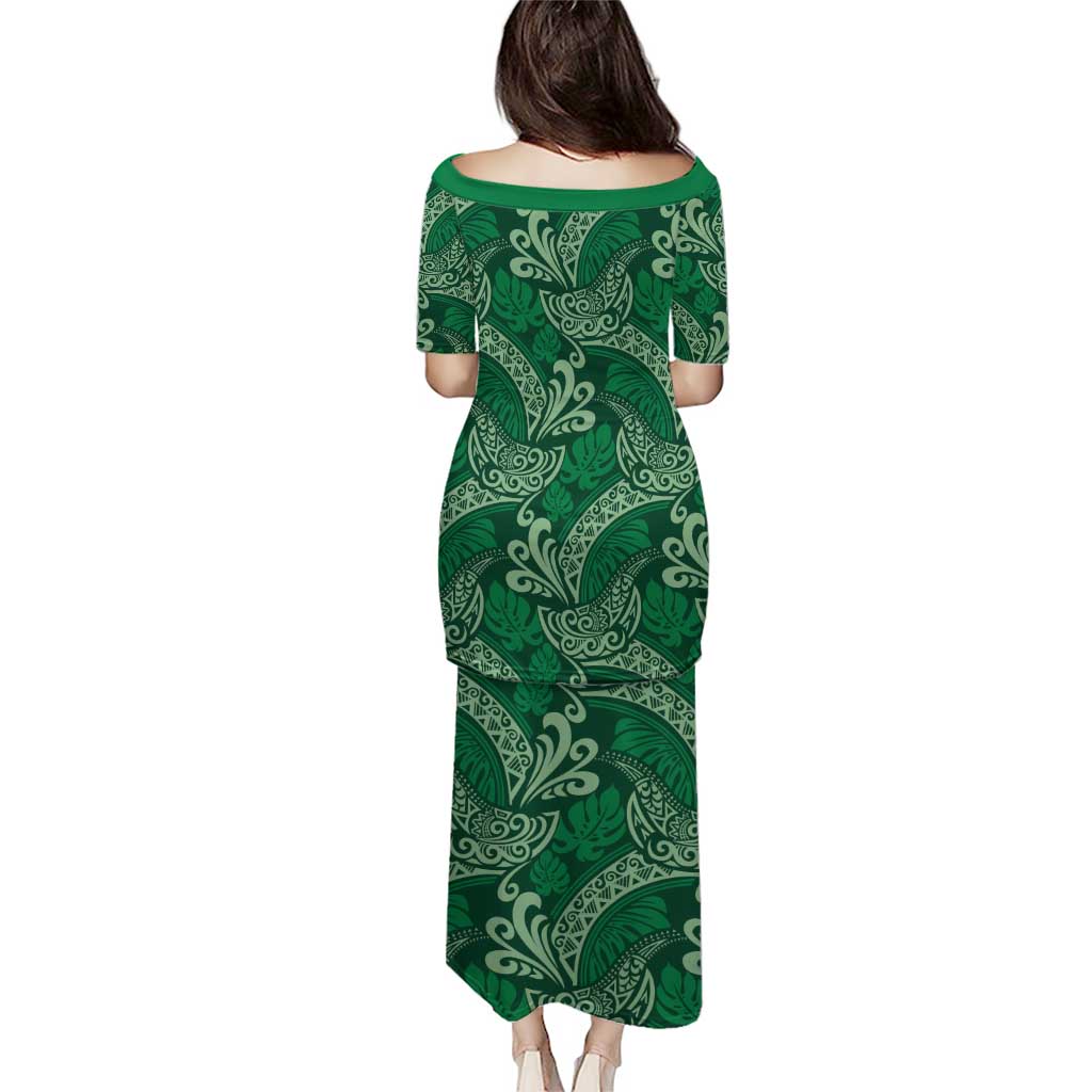 Forest Green Monstera Puletasi Polynesian Tribal Pattern - Polynesian Pride