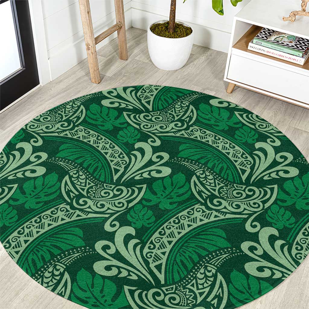 Forest Green Monstera Round Carpet Polynesian Tribal Pattern LT01 Green - Polynesian Pride