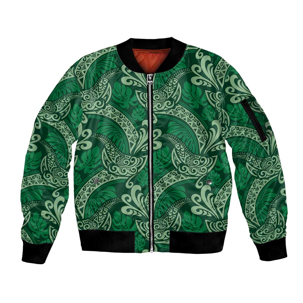 Forest Green Monstera Sleeve Zip Bomber Jacket Polynesian Tribal Pattern LT01 Unisex Green - Polynesian Pride