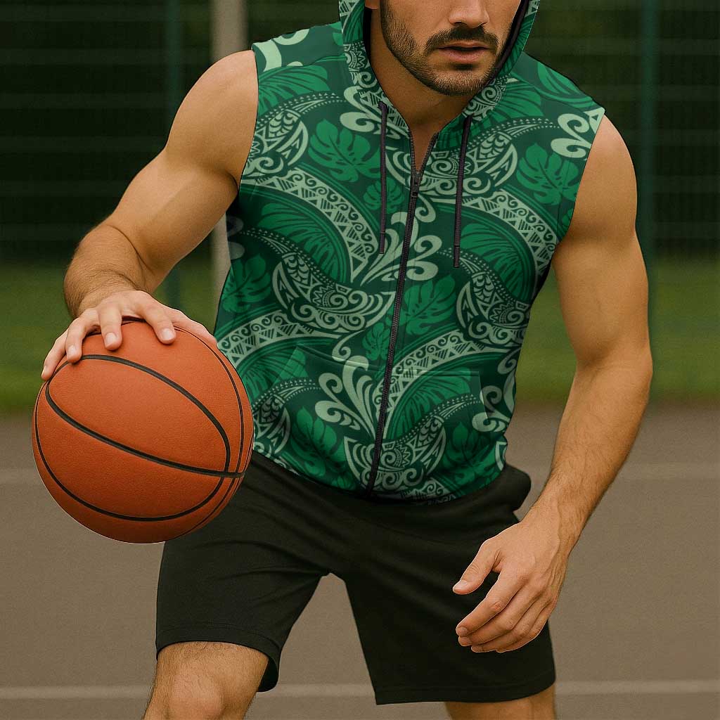 Forest Green Monstera Sleeveless Zip Hoodie Polynesian Tribal Pattern - Polynesian Pride
