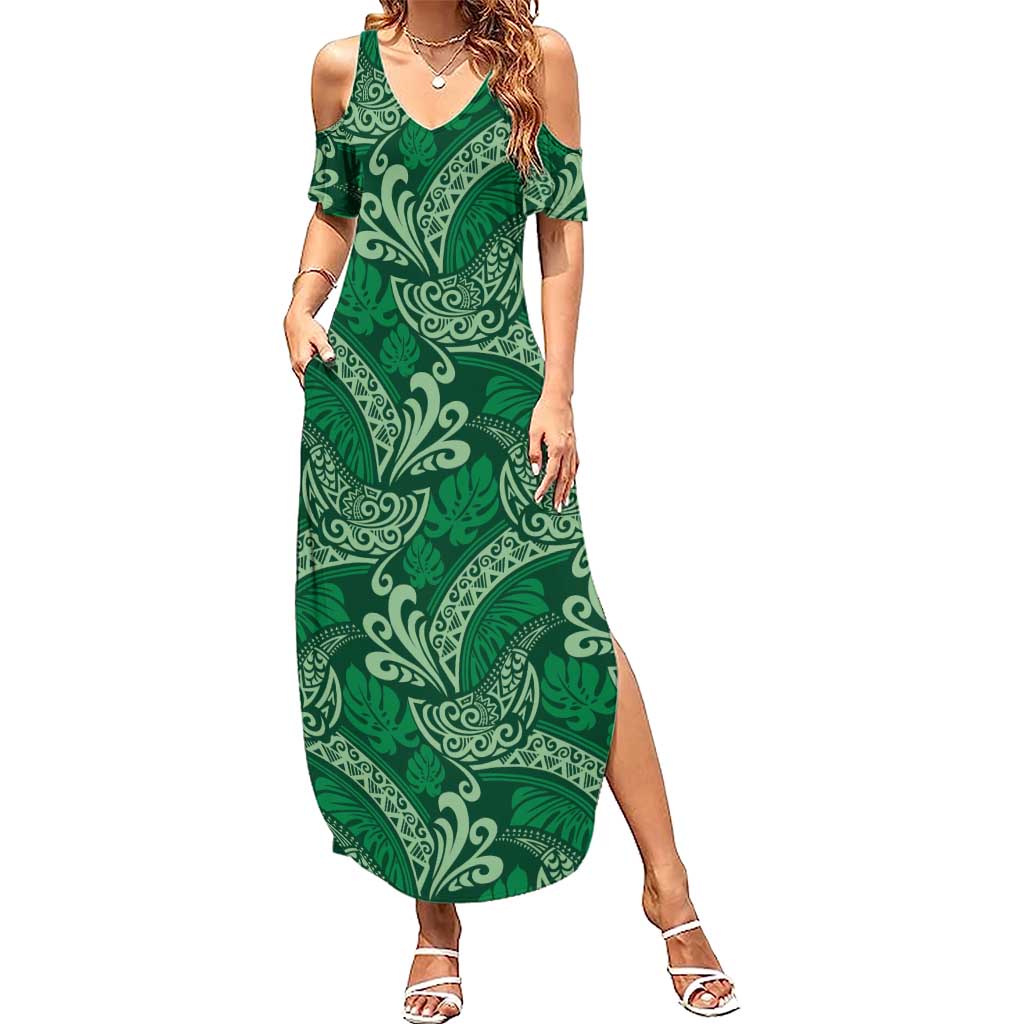 Forest Green Monstera Summer Maxi Dress Polynesian Tribal Pattern LT01 Women Green - Polynesian Pride