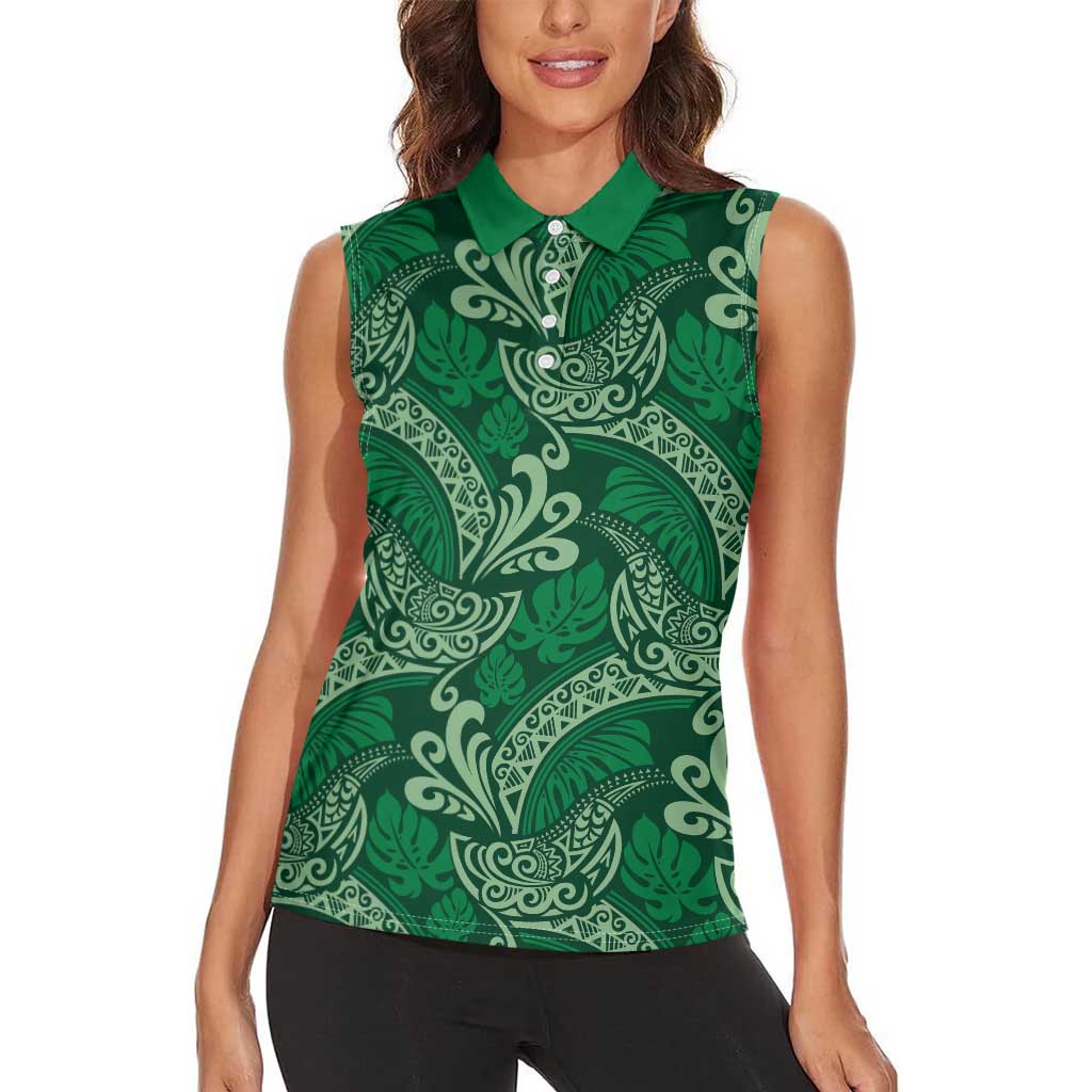 Forest Green Monstera Women Sleeveless Polo Shirt Polynesian Tribal Pattern - Polynesian Pride