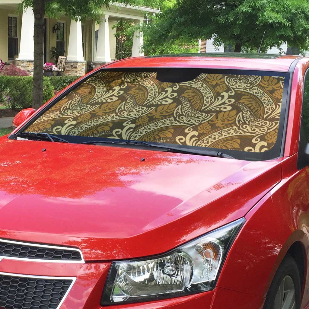 Brown Gold Monstera Auto Sun Shade Polynesian Tribal Pattern - Polynesian Pride