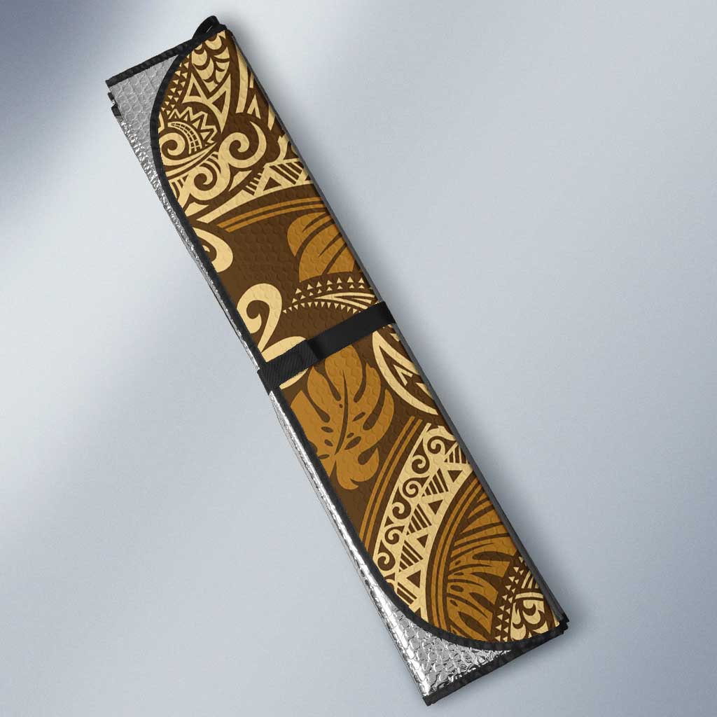Brown Gold Monstera Auto Sun Shade Polynesian Tribal Pattern - Polynesian Pride